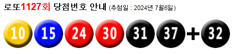 로또 1127 당첨번호 10, 15, 24, 30, 31, 37 + 32