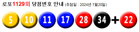 로또 1129 당첨번호 5, 10, 11, 17, 28, 34 + 22