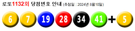 로또 1132 당첨번호 6, 7, 19, 28, 34, 41 + 5