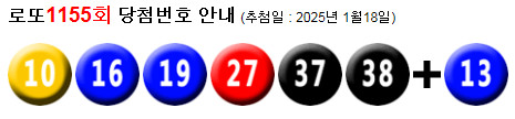 로또 1155 당첨번호 10, 16, 19, 27, 37, 38 + 13