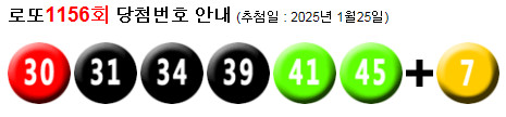 로또 1156 당첨번호 30, 31, 34, 39, 41, 45 + 7