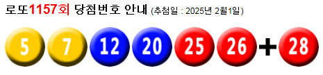 로또 1157 당첨번호 5, 7, 12, 20, 25, 26 + 28