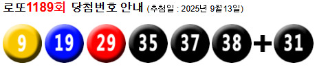 로또 1189 당첨번호 9, 19, 29, 35, 37, 38 + 31