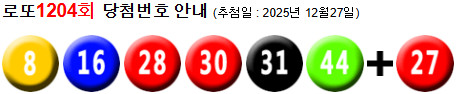 로또 1204 당첨번호 8, 16, 28, 30, 31, 44 + 27