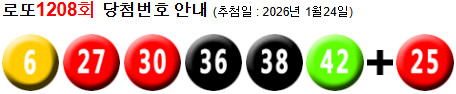 로또 1208 당첨번호 6, 27, 30, 36, 38, 42 + 25