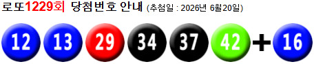 로또 1229 당첨번호 12, 13, 29, 34, 37, 42 + 16