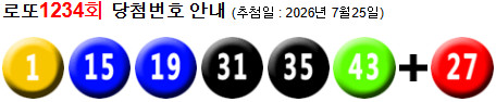 로또 1234 당첨번호 1, 15, 19, 31, 35, 43 + 27